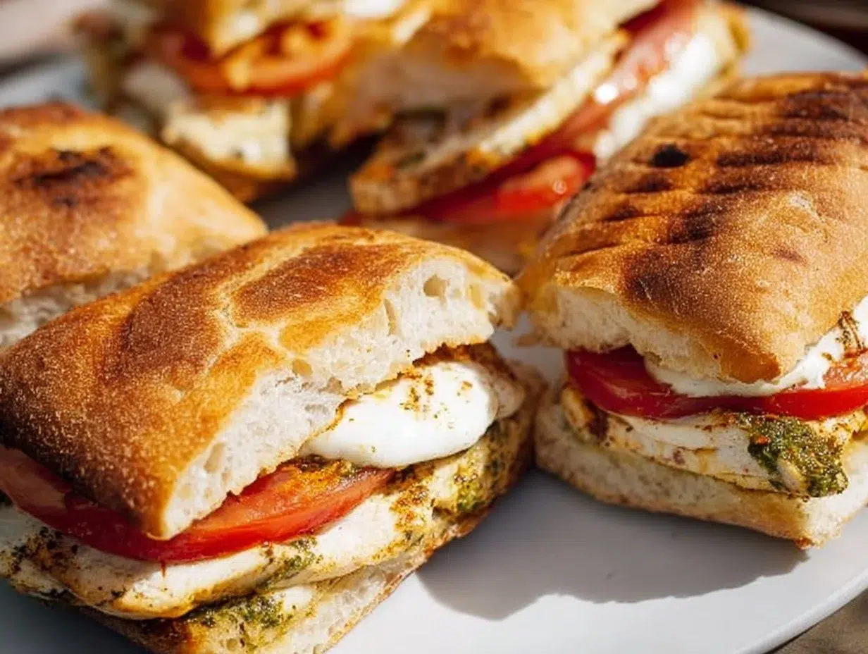 Toasted chicken pesto sandwich with fresh ingredients and crispy bread