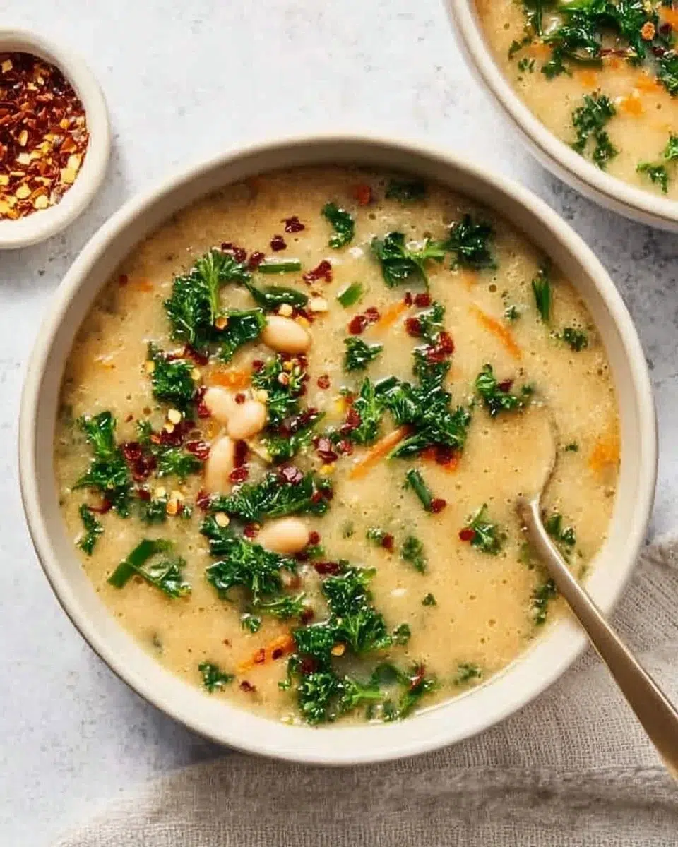 Bowl of flavorful Tuscan White Bean Soup garnished with herbs and spices