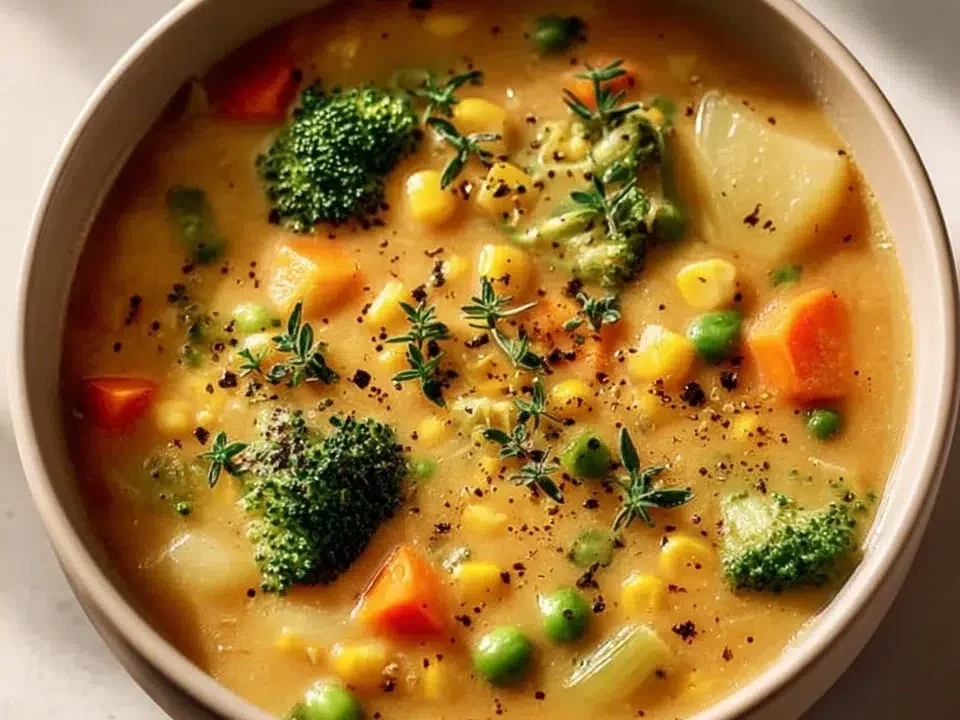Bowl of Veggie Pot Pie Soup filled with vibrant vegetables and creamy broth