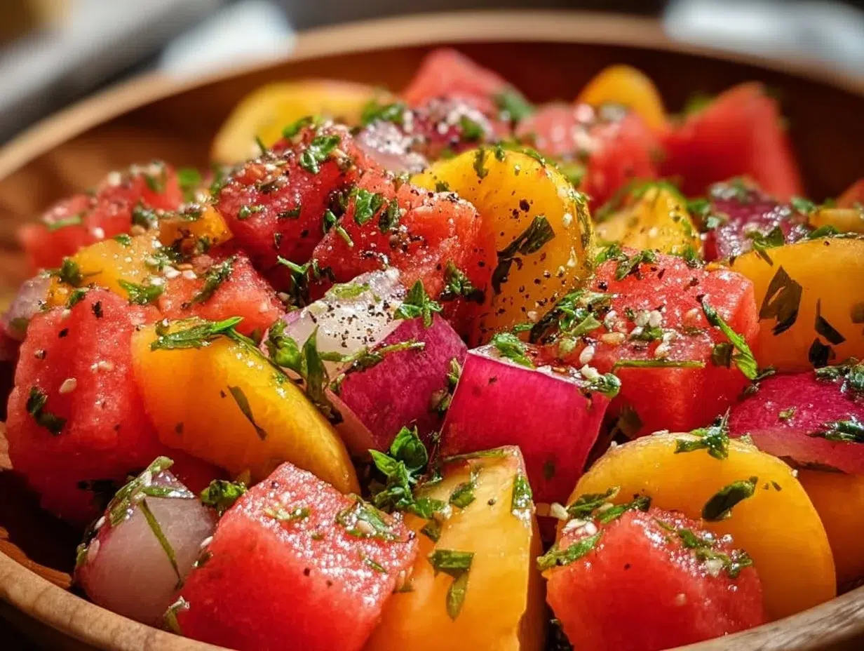 Vibrant peach watermelon salad garnished with mint and lime in a bowl