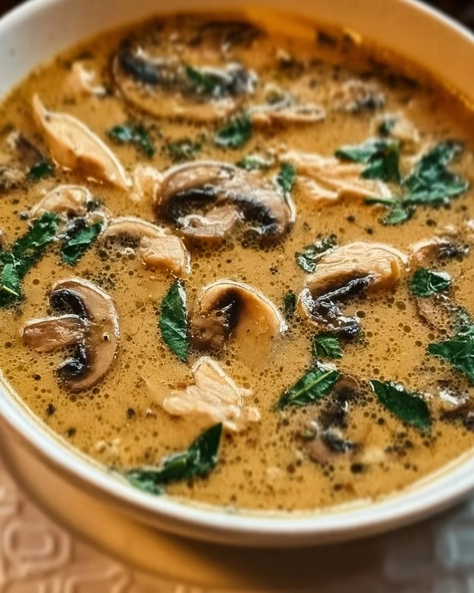 Bowl of clean chicken mushroom soup, perfect for cozy nights
