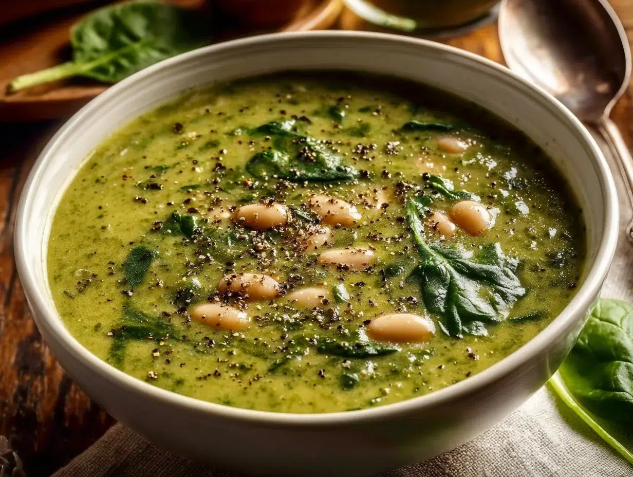 A vibrant bowl of spring soup filled with fresh vegetables and herbs.