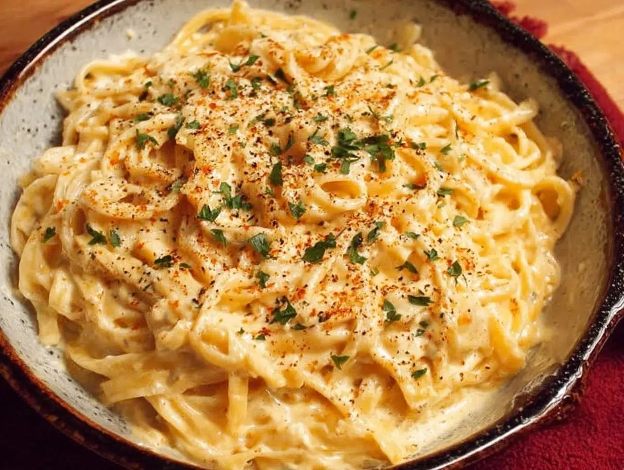 Bowl of creamy Cajun Alfredo Sauce with herbs and spices