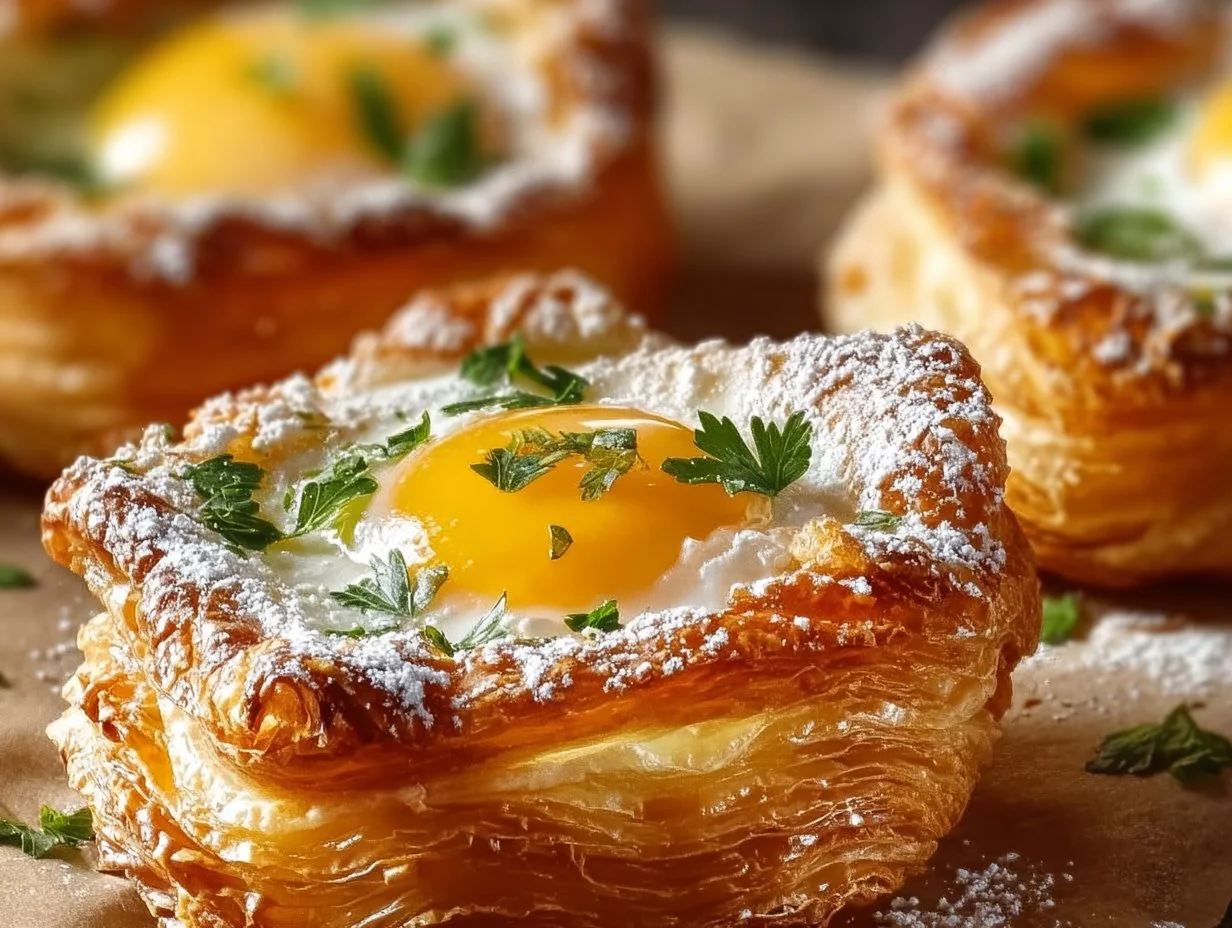 Baked Eggs Napoleon pastry topped with eggs and herbs for a delicious breakfast