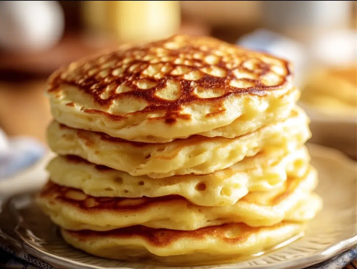 Fluffy high-protein pancakes stacked on a plate with syrup and berries