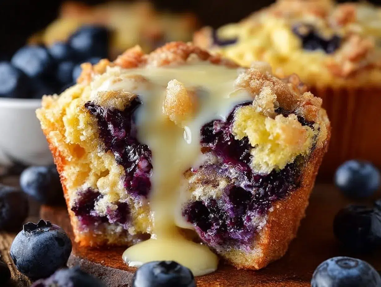 Freshly baked blueberry cream cheese muffins with a golden crust and blueberries