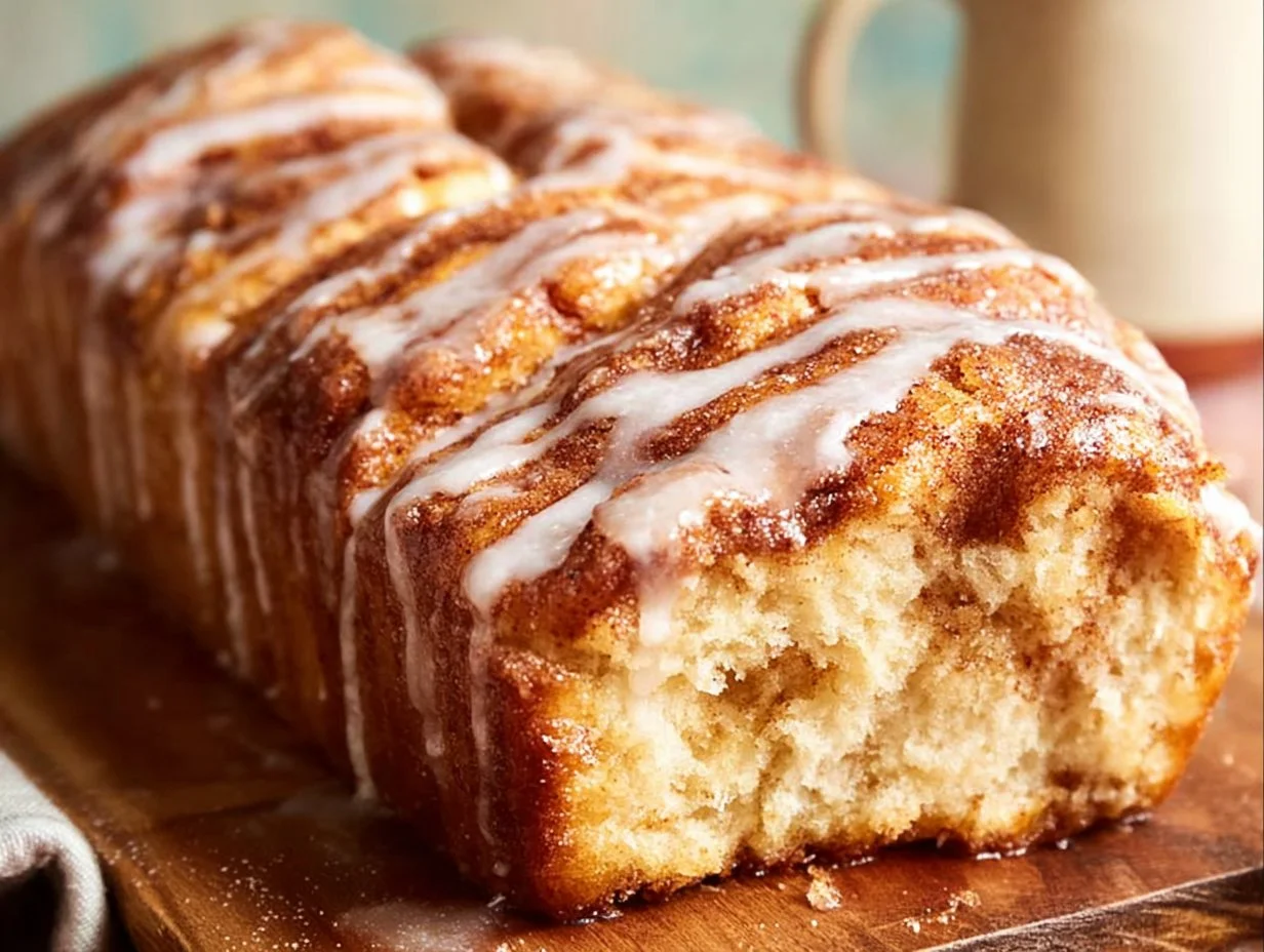 Freshly baked cinnamon bread made in a bread machine, golden brown and delicious.