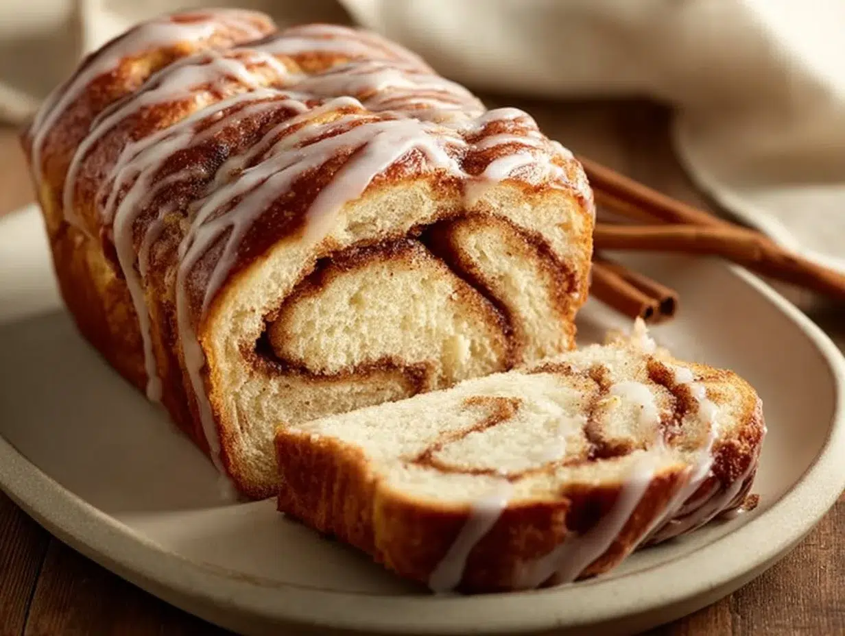 Cinnamon roll cottage cheese loaf fresh from the oven with a golden crust