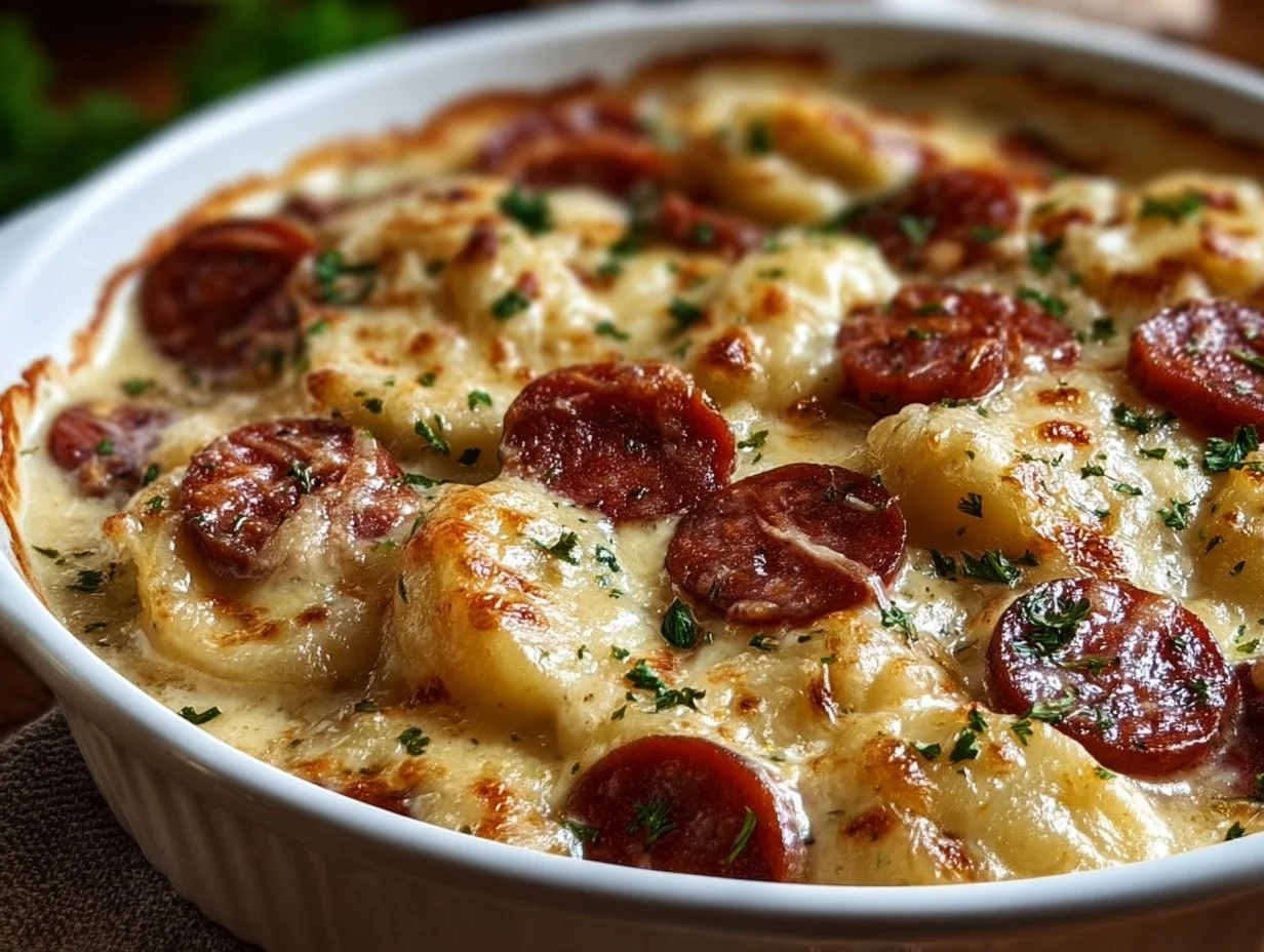 Classic Crockpot Pierogi Casserole with Kielbasa served in a bowl