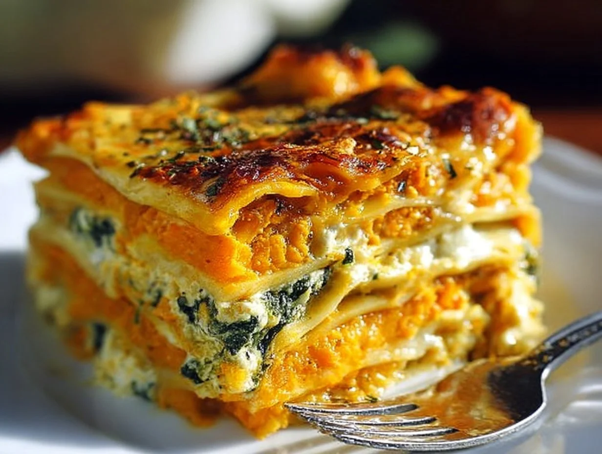 Creamy butternut squash and spinach lasagna with layers of cheese