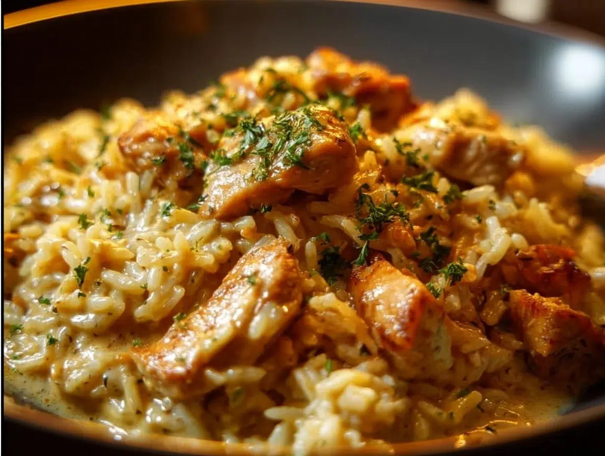 Creamy chicken and rice dish prepared in an Instant Pot, garnished with herbs.