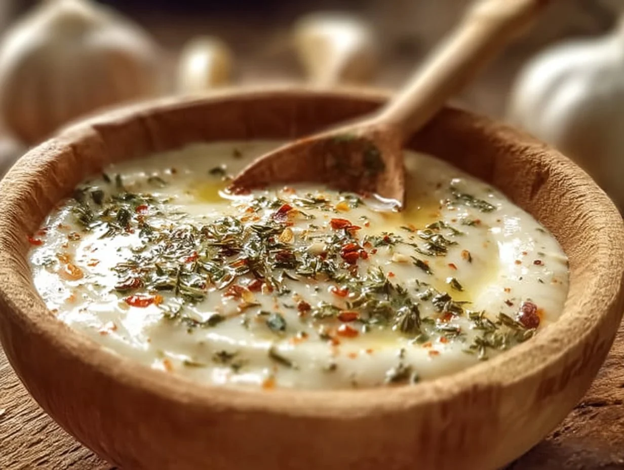 Creamy garlic sauce drizzled over pizza slices