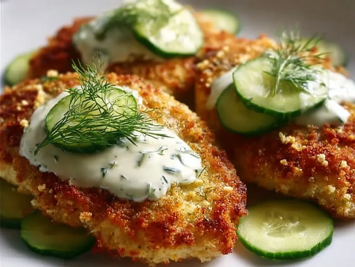 Crispy Dill Pickle Parmesan Chicken with a golden crust and fresh herbs