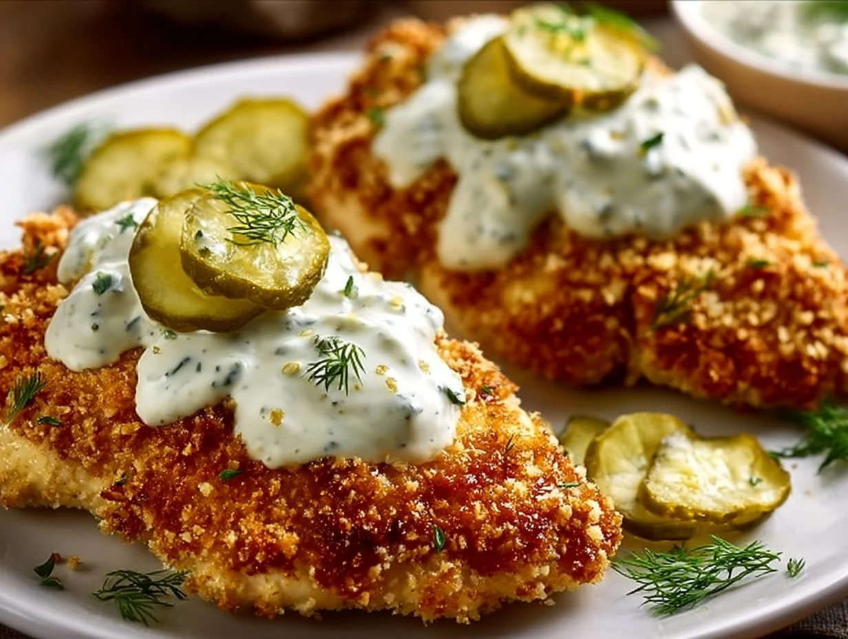 Crispy Parmesan chicken garnished with herbs on a plate