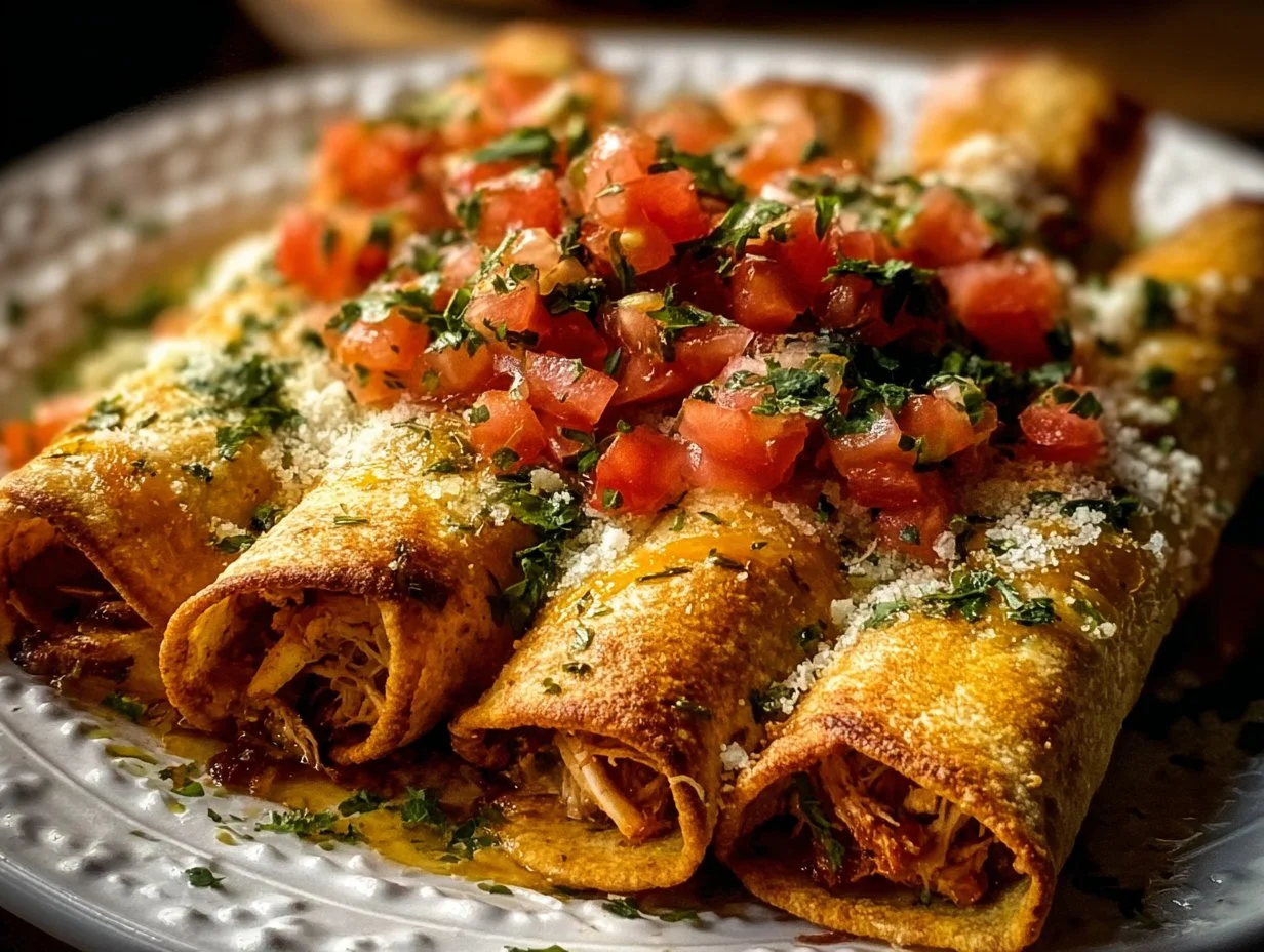 Oven-baked chicken taquitos served with salsa and guacamole