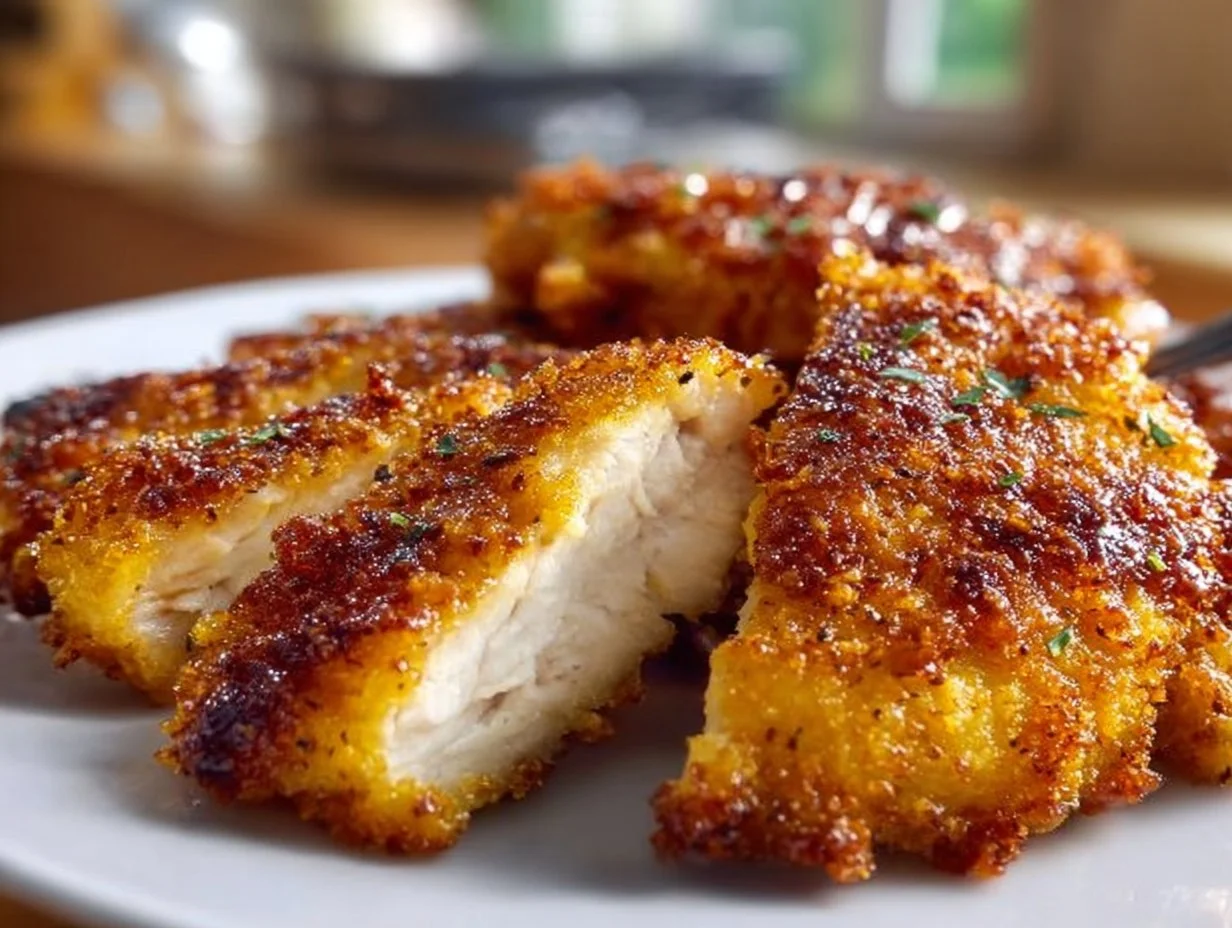 Cooked air fryer chicken recipe, golden brown and crispy, served on a plate.