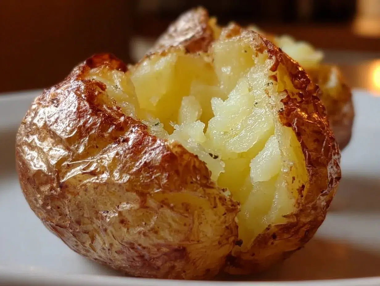Air fryer baked potato, crispy skin and fluffy inside, perfect for any meal.
