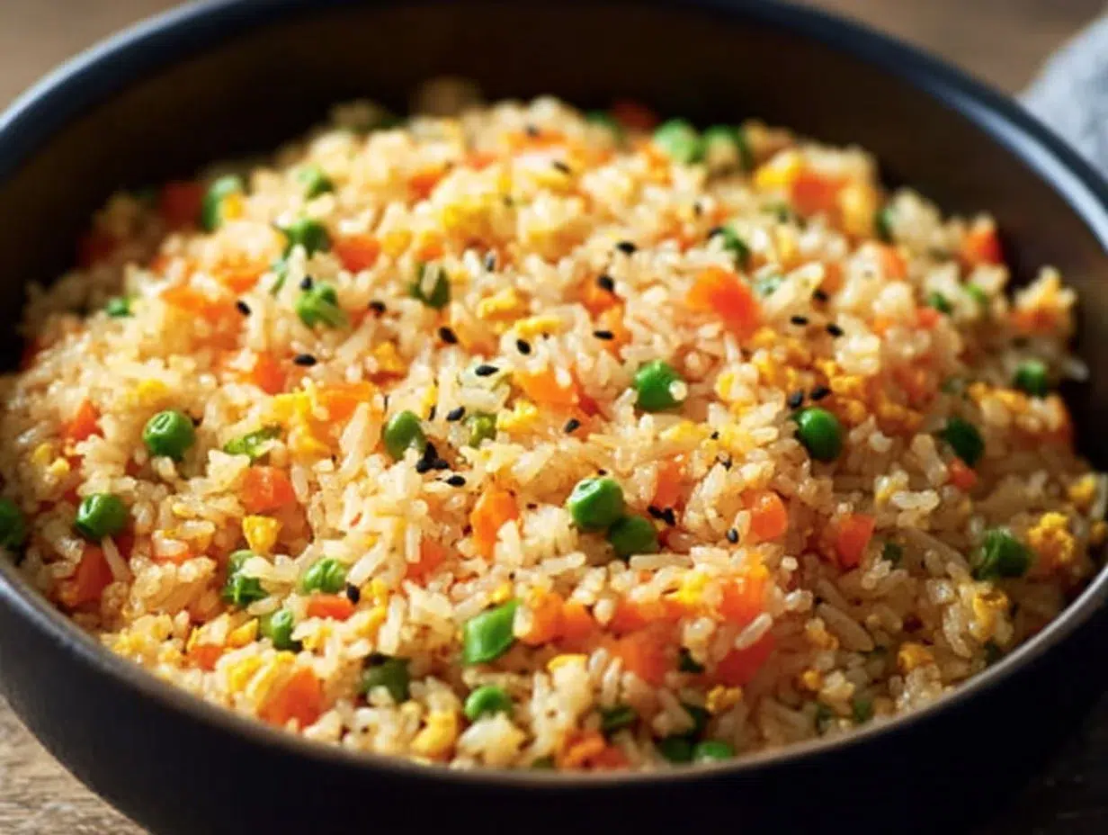 Bowl of easy air fryer fried rice garnished with vegetables and herbs