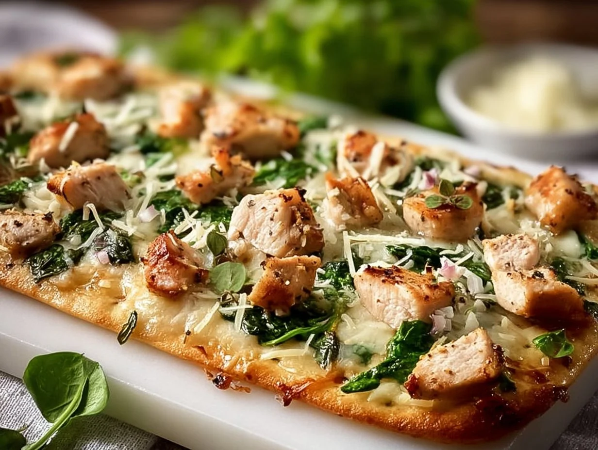 Delicious Easy Chicken Caesar Flatbread topped with grilled chicken and Caesar dressing
