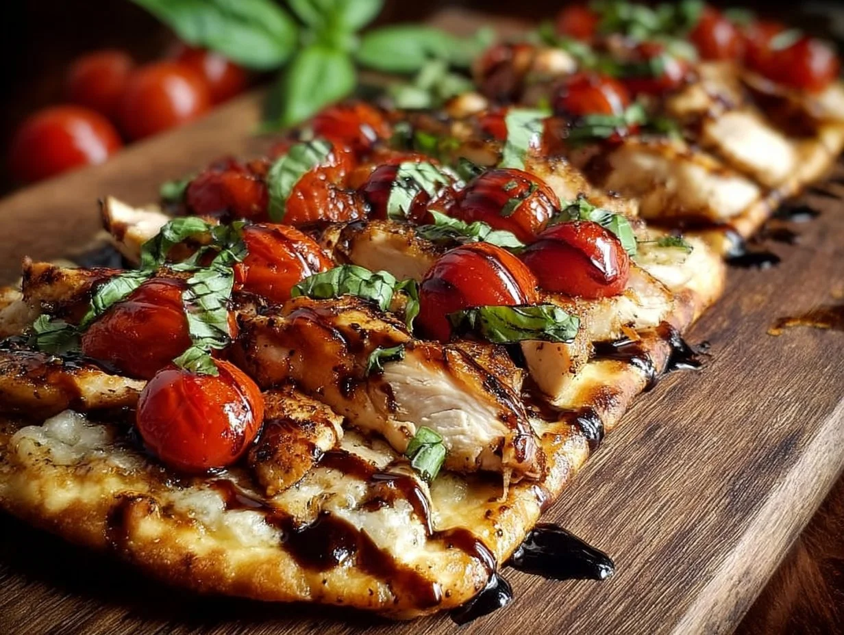 Easy Chicken Caprese Flatbread topped with fresh ingredients