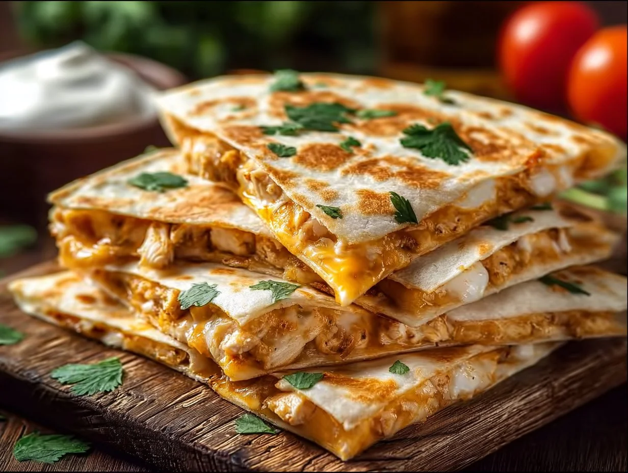 Delicious easy chicken quesadillas topped with cheese and fresh ingredients