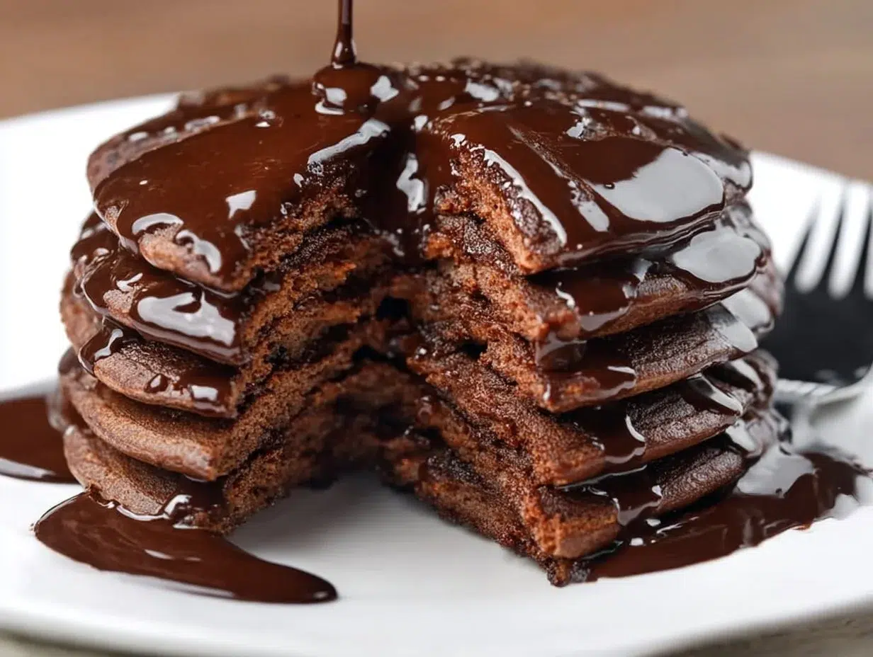 Delicious and fluffy easy chocolate pancakes stacked on a plate