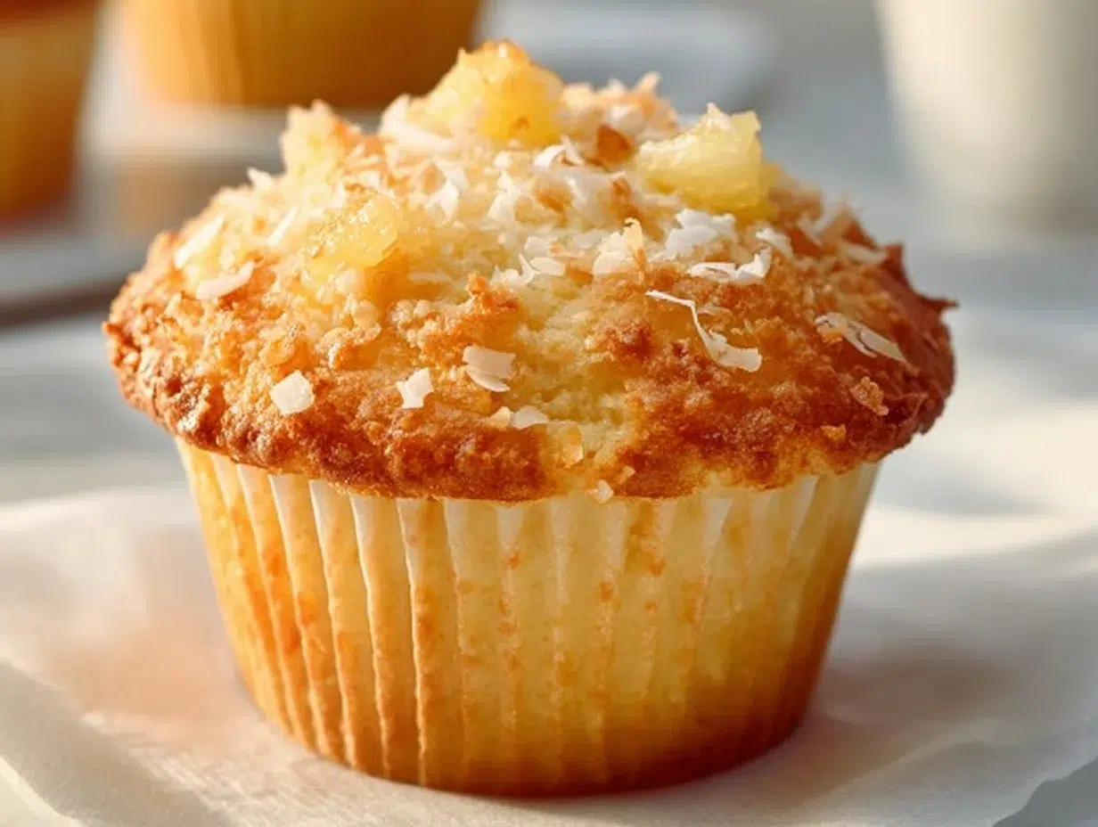 Easy coconut pineapple muffins with cottage cheese on a wooden table