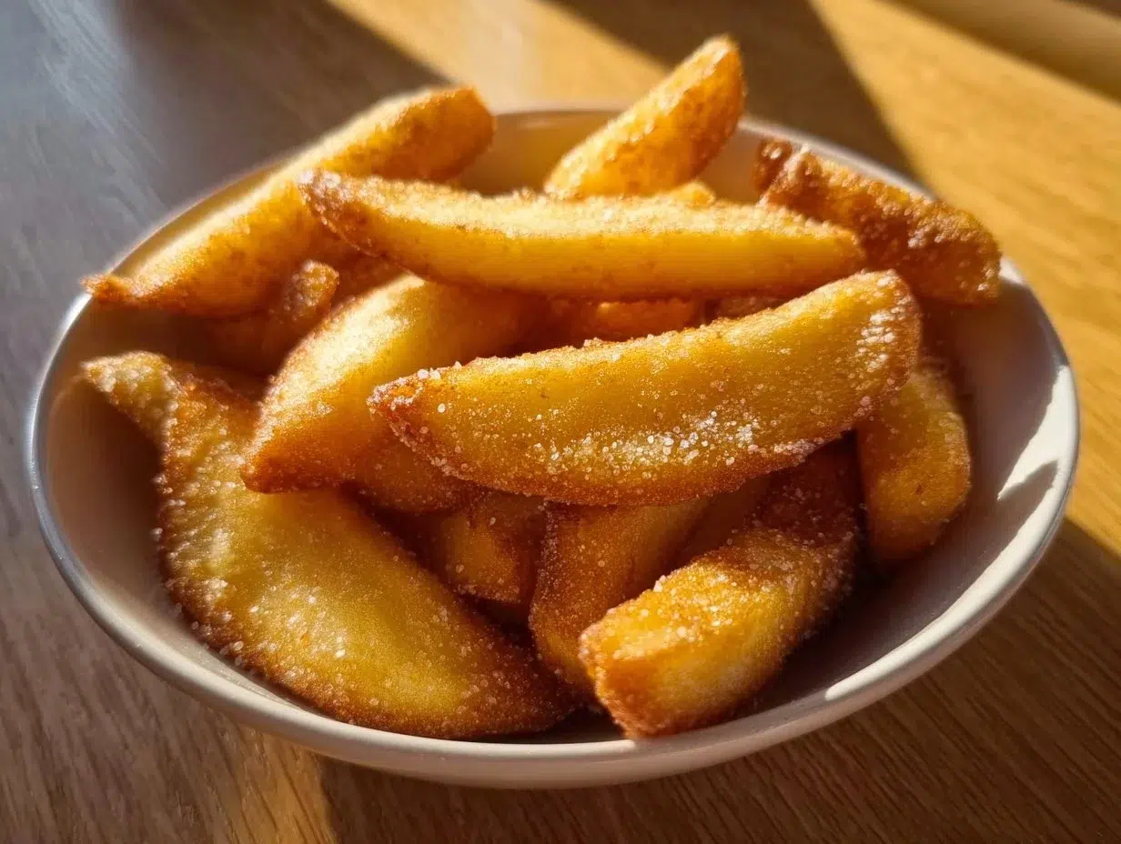 Crispy air fryer apple fries served in a bowl, perfect snack or dessert.