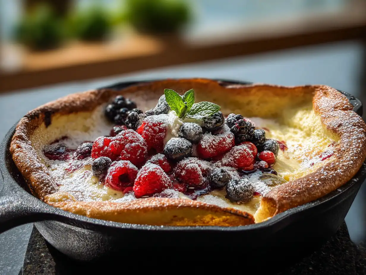 Golden, puffy Dutch baby pancake fresh out of the oven