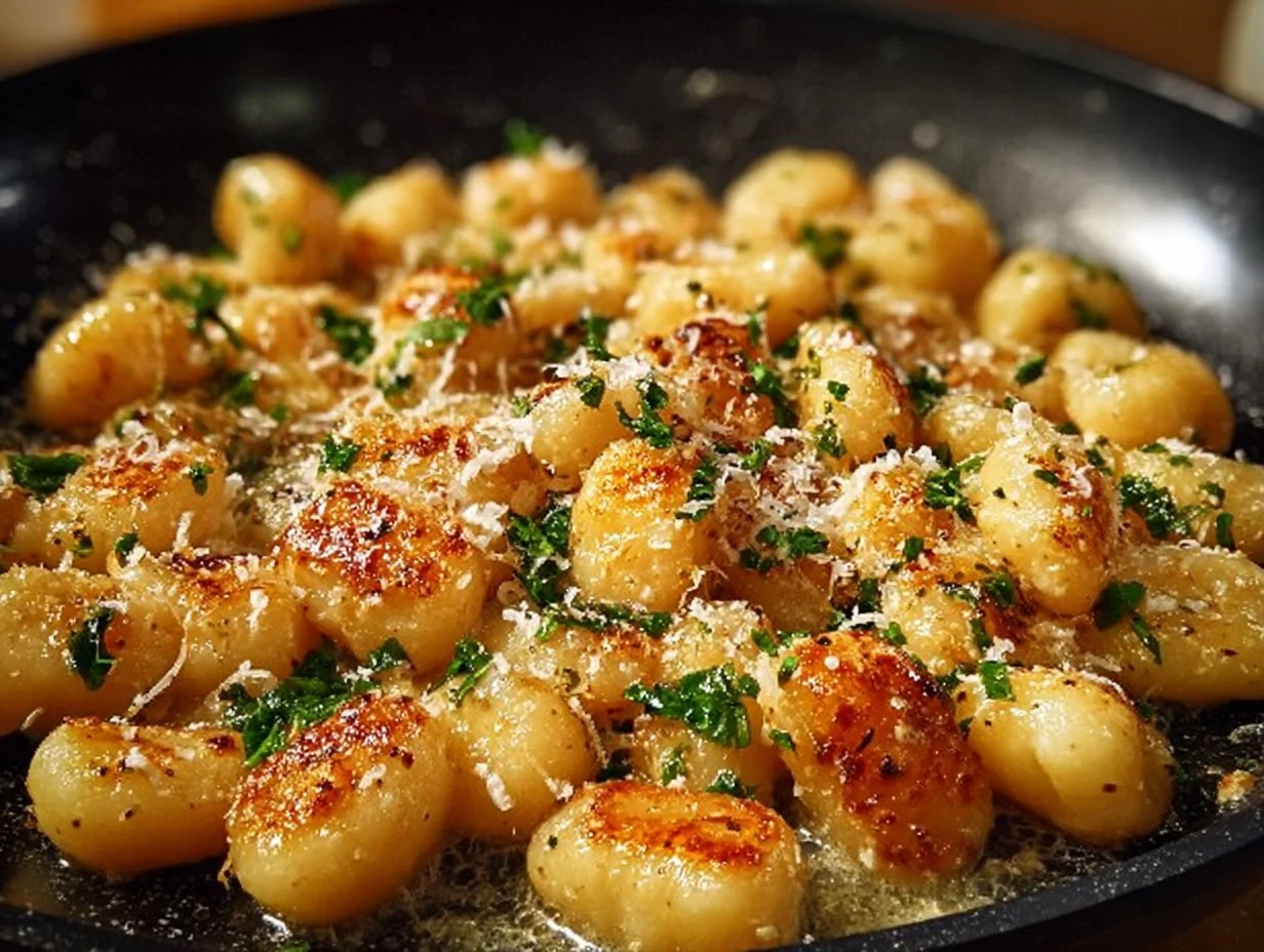 Delicious garlic butter parmesan gnocchi plated with herbs.