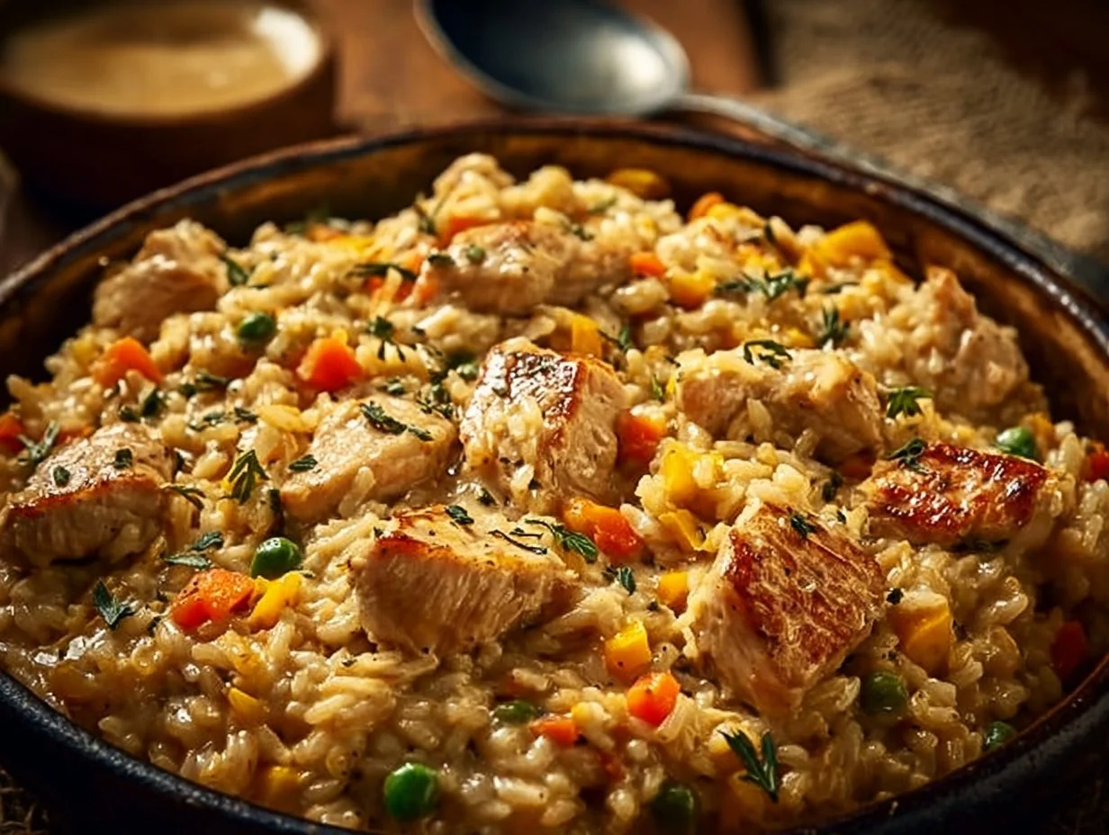 A delicious bowl of creamy chicken and rice made in an Instant Pot.