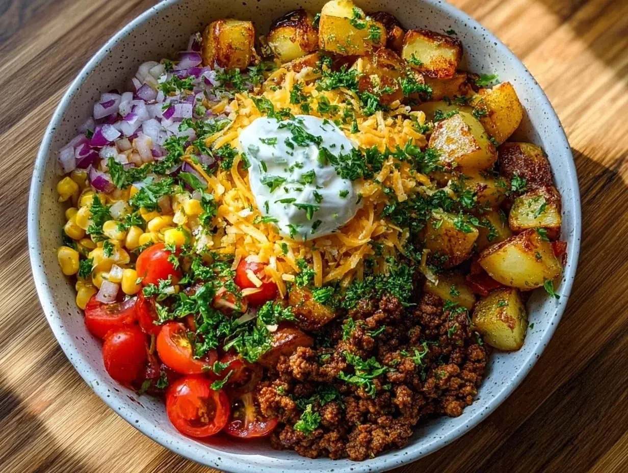 Delicious loaded potato taco bowl topped with cheese, sour cream, and salsa.