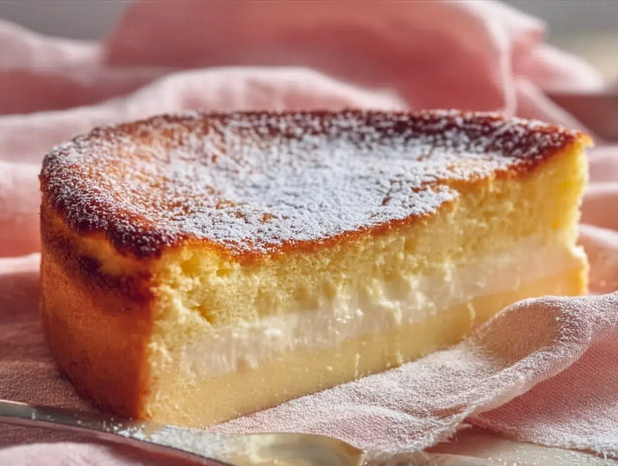 Slice of Easy Magic Custard Cake showcasing its three distinct layers