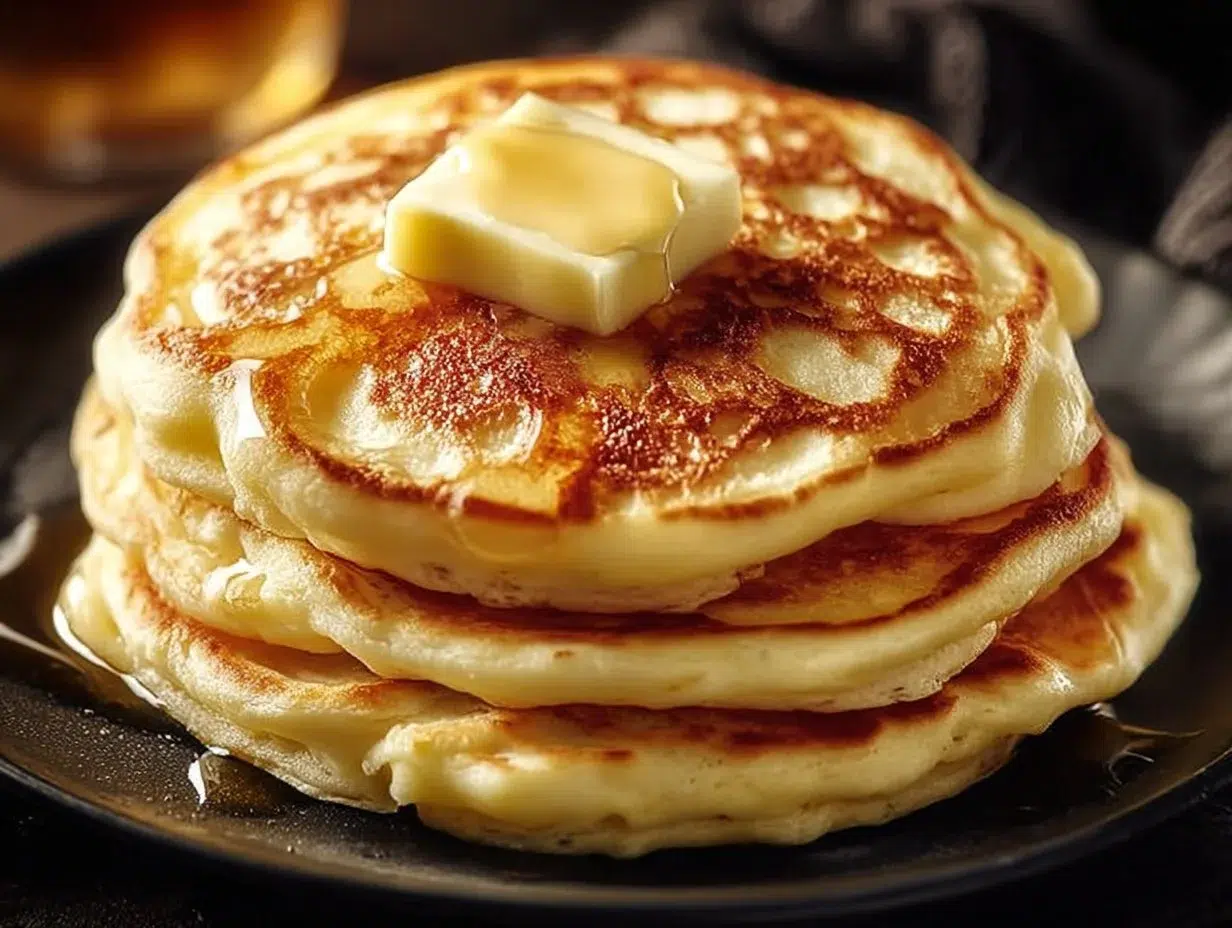 Stack of old fashioned pancakes served with butter and syrup on a wooden table