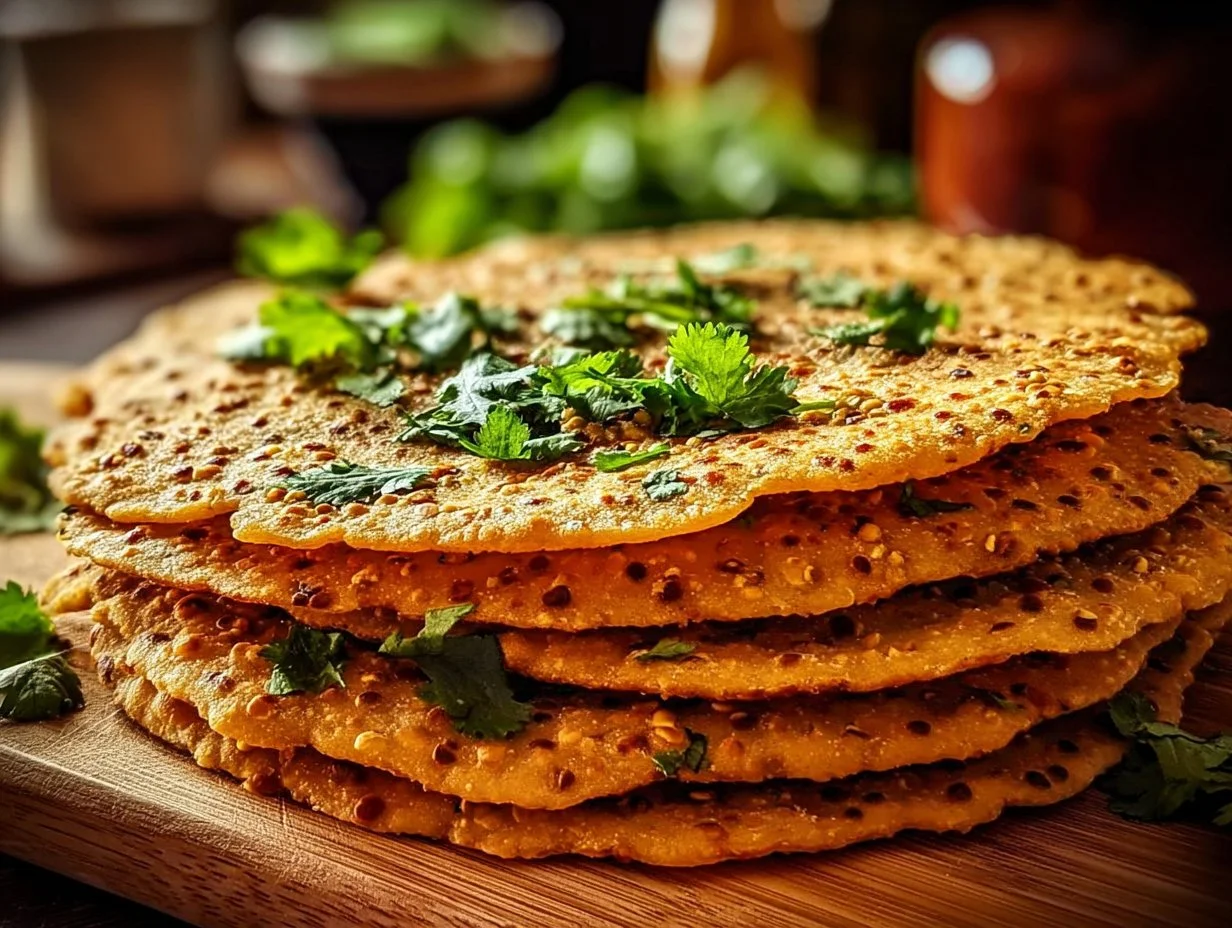 Easy protein-packed red lentil flatbread on a wooden serving board.