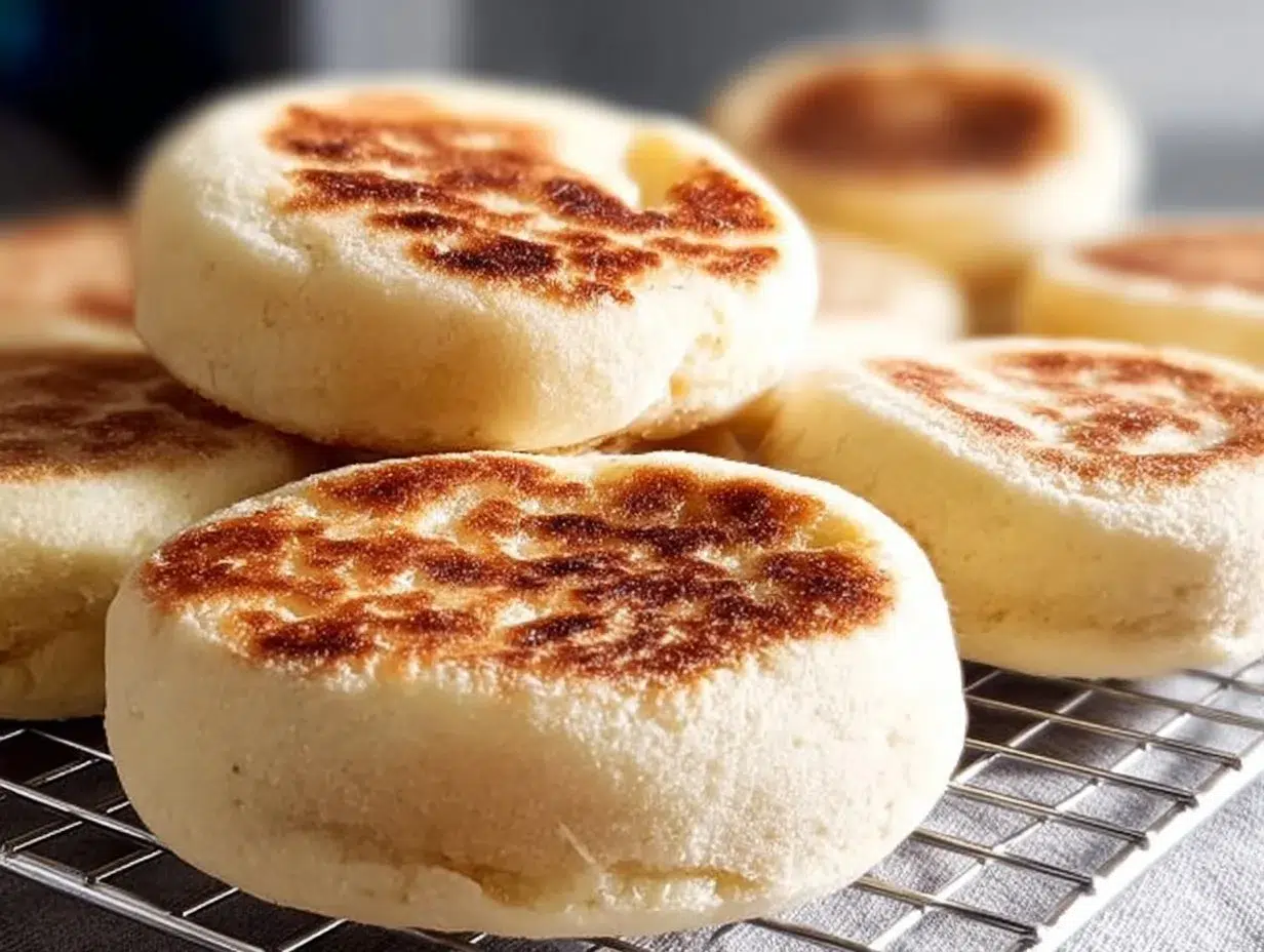 Freshly baked English muffins on a wooden table