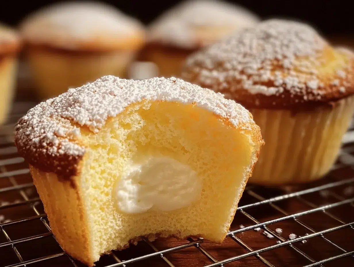 Fluffy Japanese Cotton Cheesecake Cupcakes topped with cream and fresh fruit