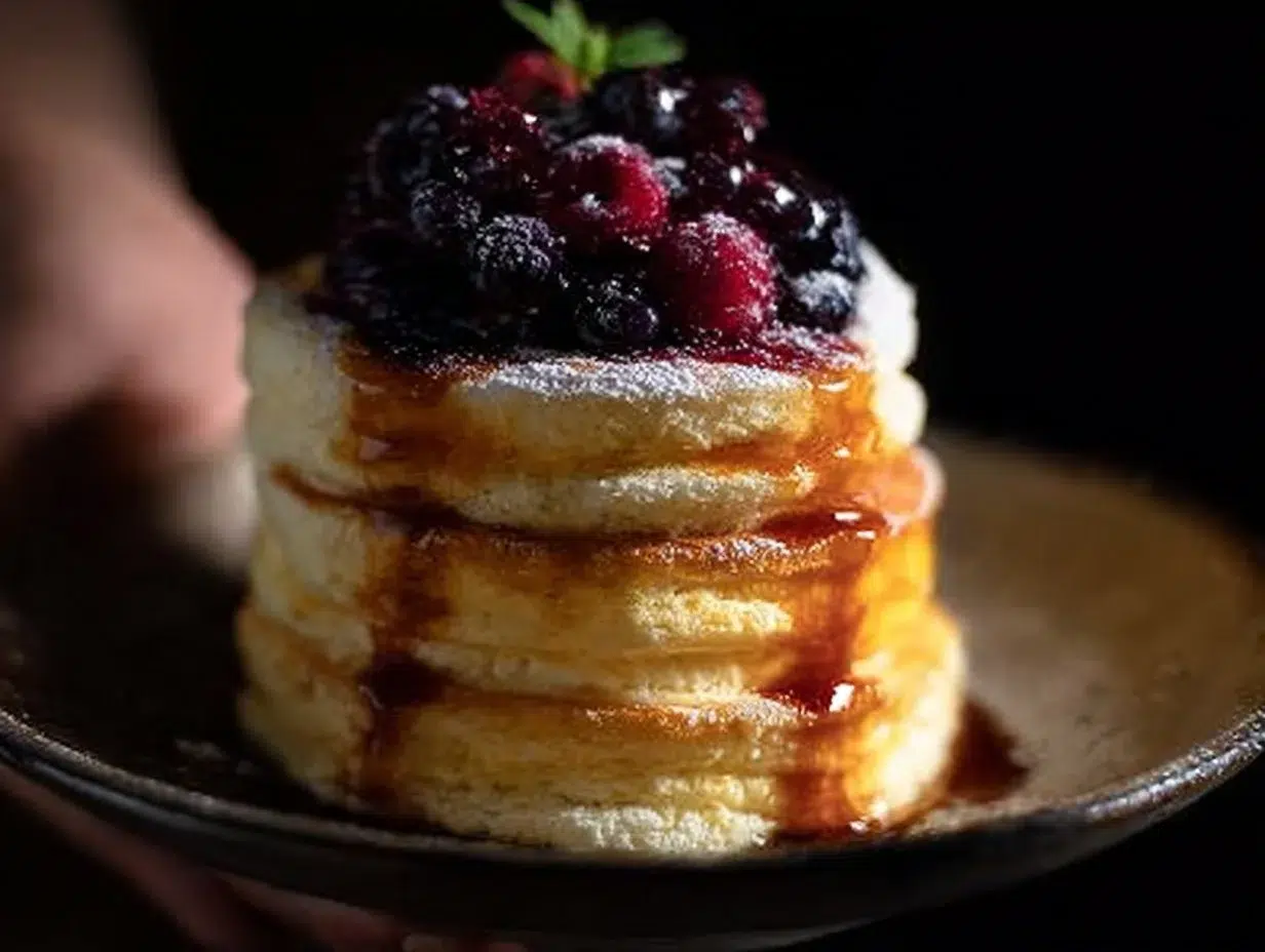 Fluffy Japanese soufflé pancakes stacked with powdered sugar
