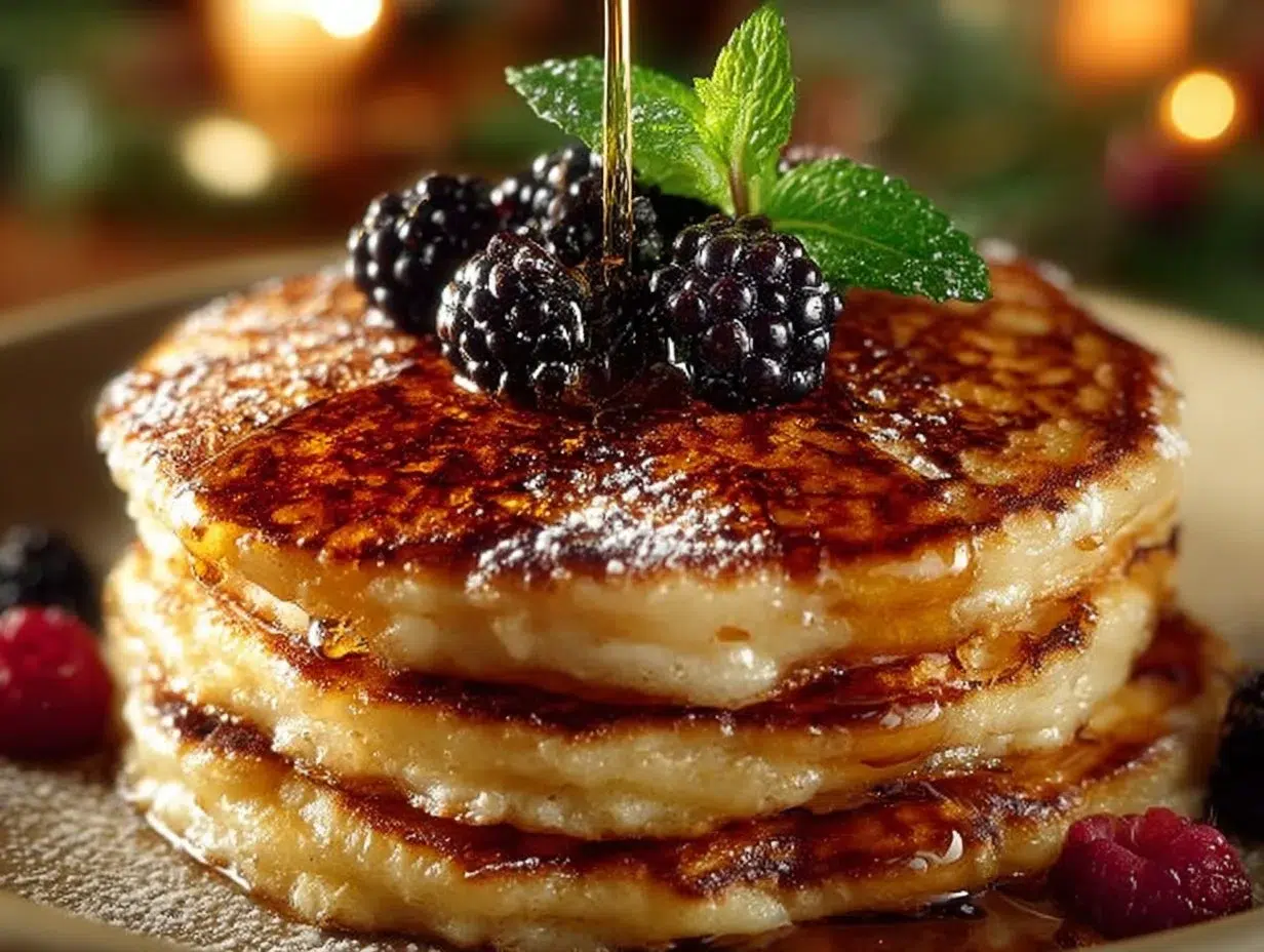 Plate of fluffy maple cinnamon pancakes topped with syrup and cinnamon