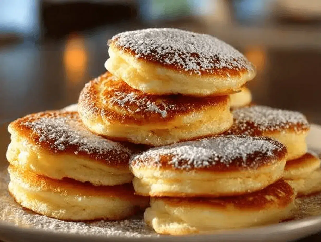 Fluffy mini German pancakes dusted with vanilla sugar on a plate