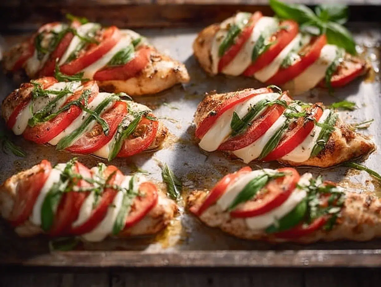Delicious Fresh Caprese Stuffed Chicken garnished with basil and mozzarella