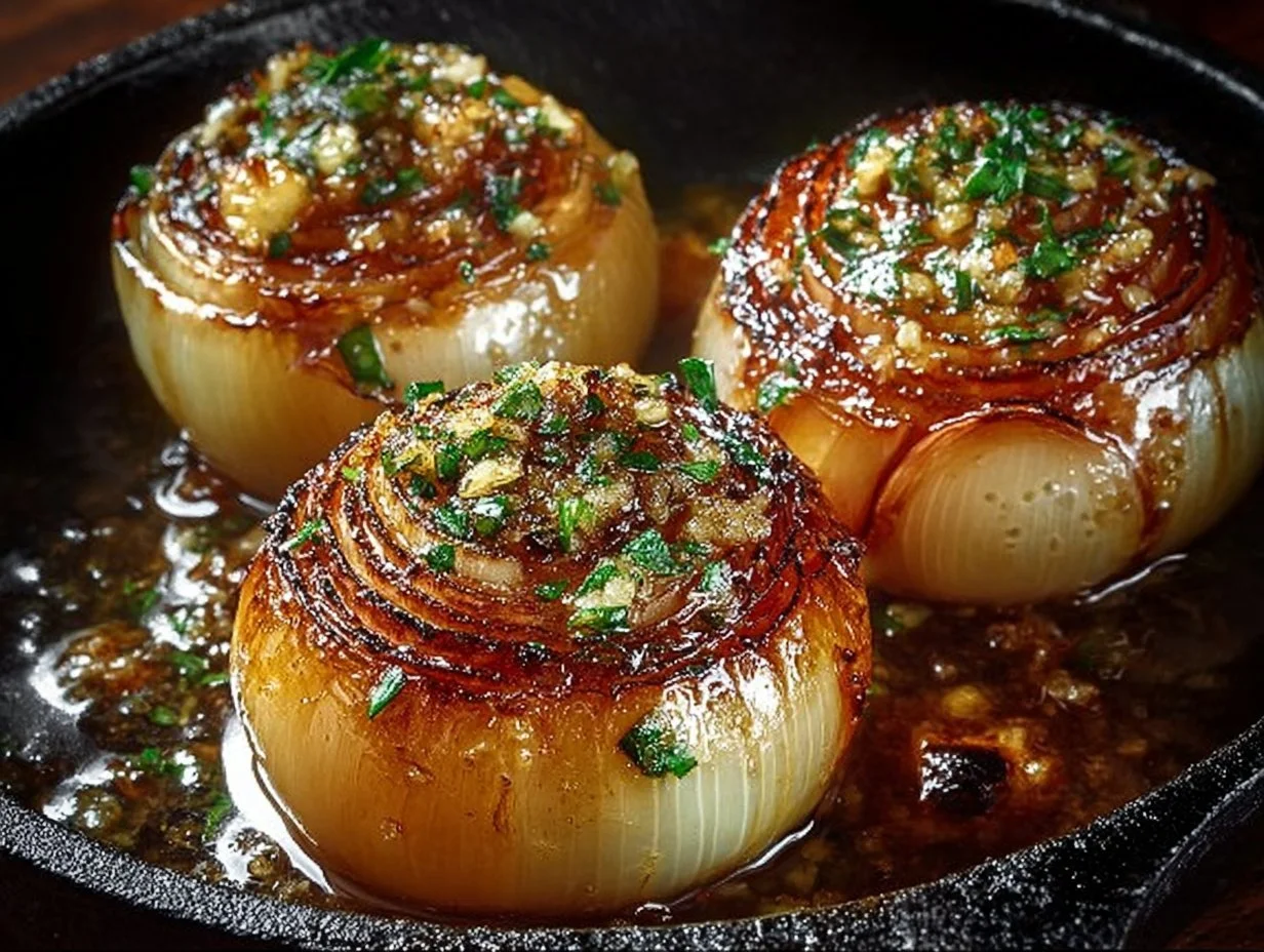 Plate of garlic butter roasted onions garnished with herbs