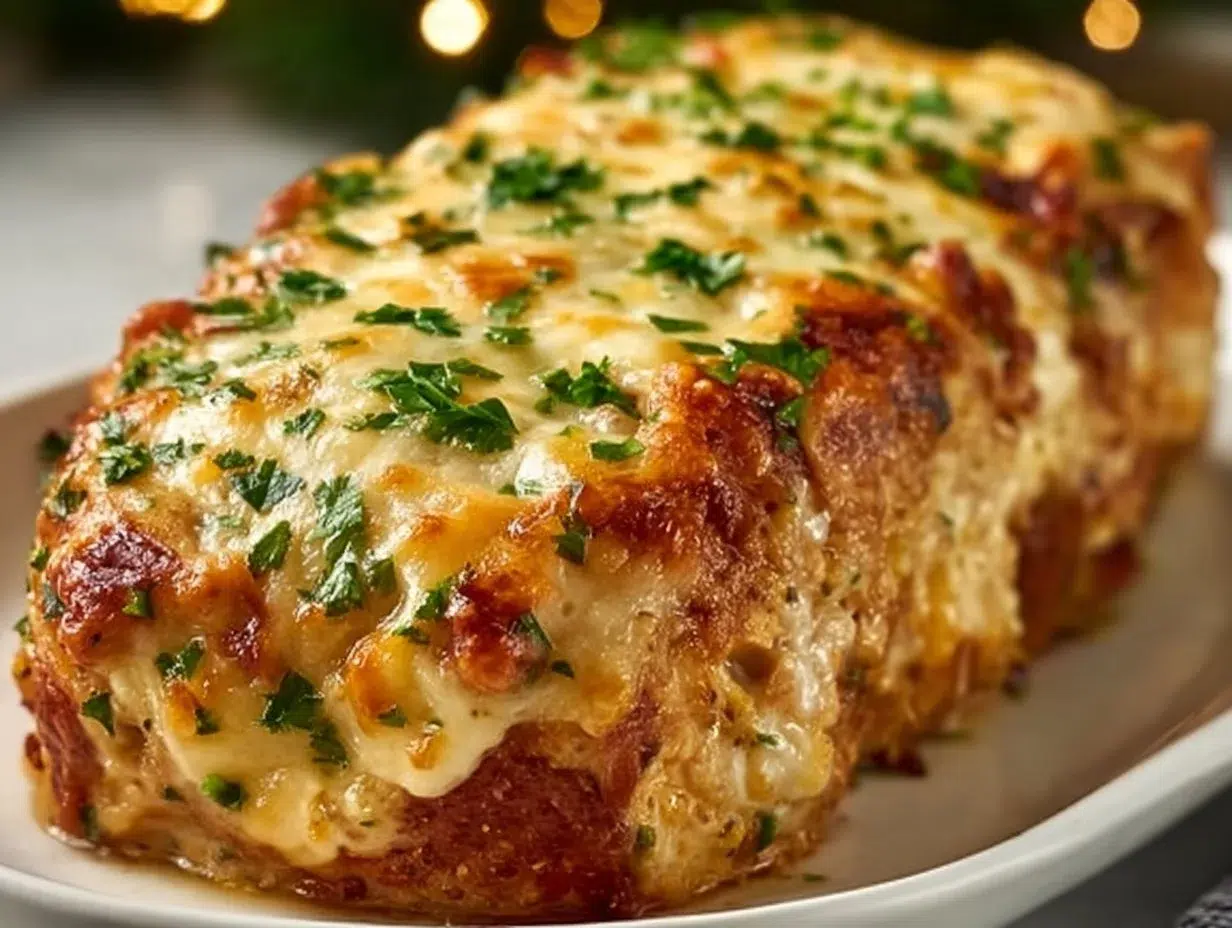 Delicious Garlic Parmesan Chicken Loaf, a savory family favorite dish