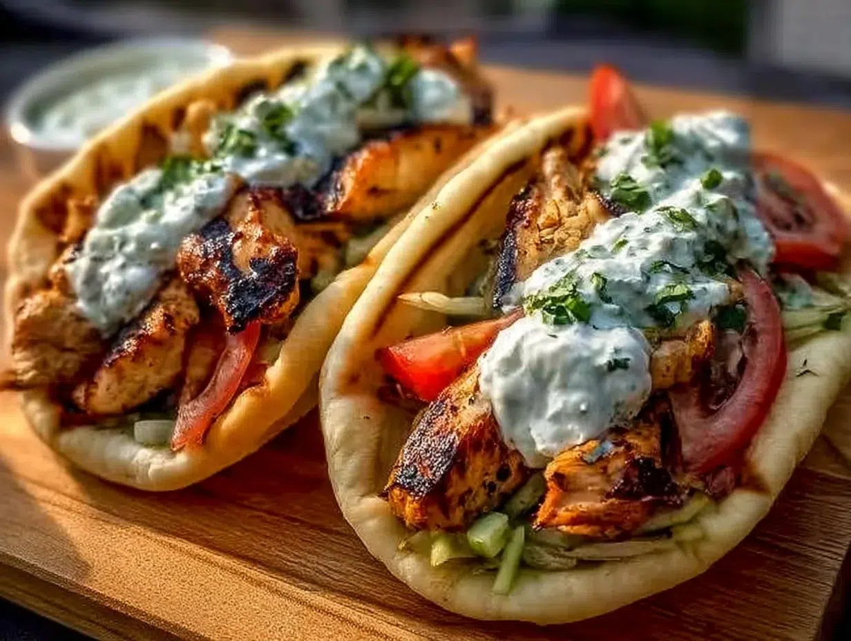 Delicious Greek chicken gyros with cucumber tzatziki sauce on a pita