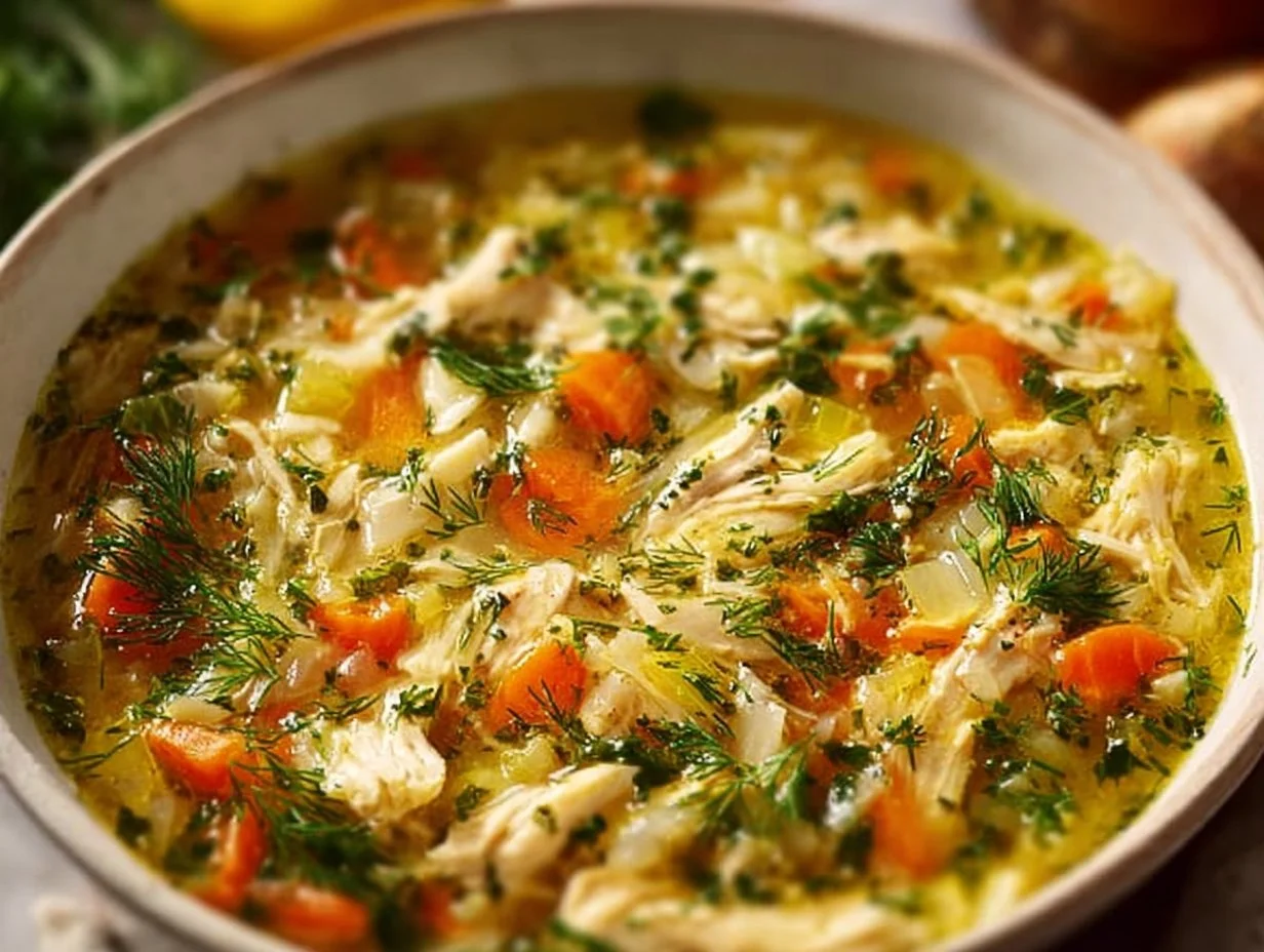 Bowl of Greek Lemon Chicken Soup garnished with fresh herbs and lemon