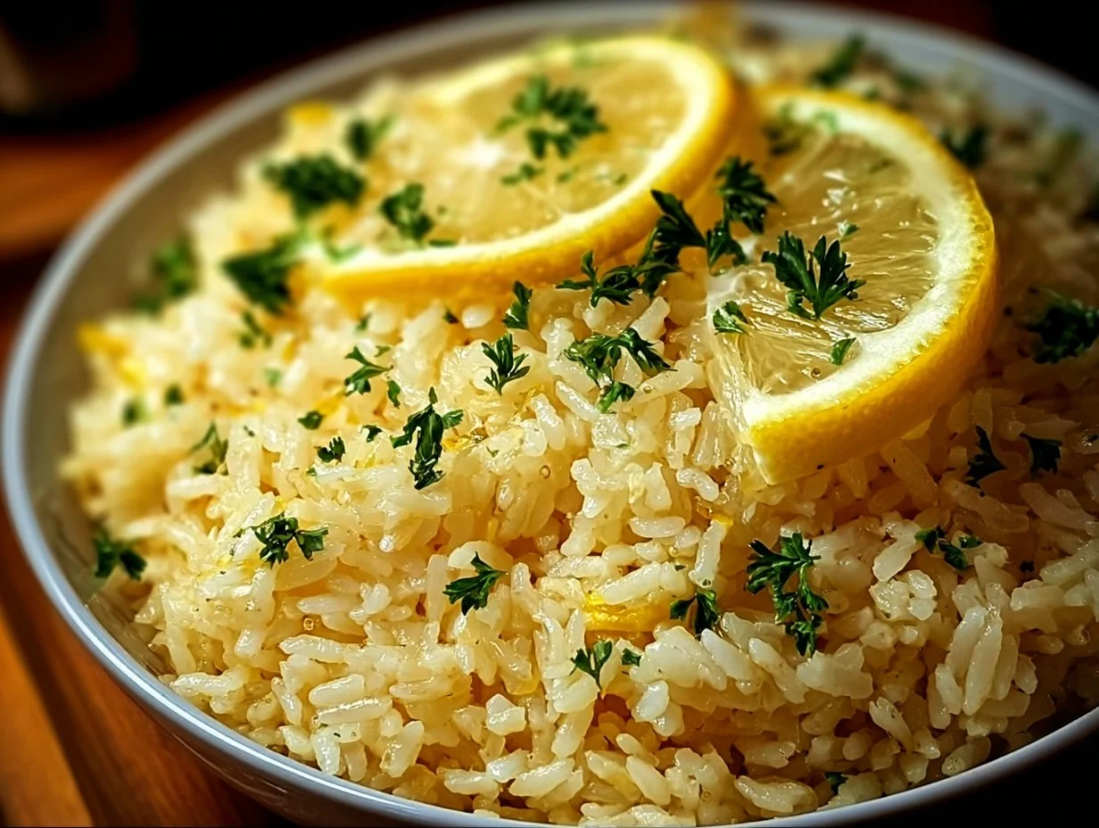 Serving of Greek lemon rice garnished with herbs and lemon slices.