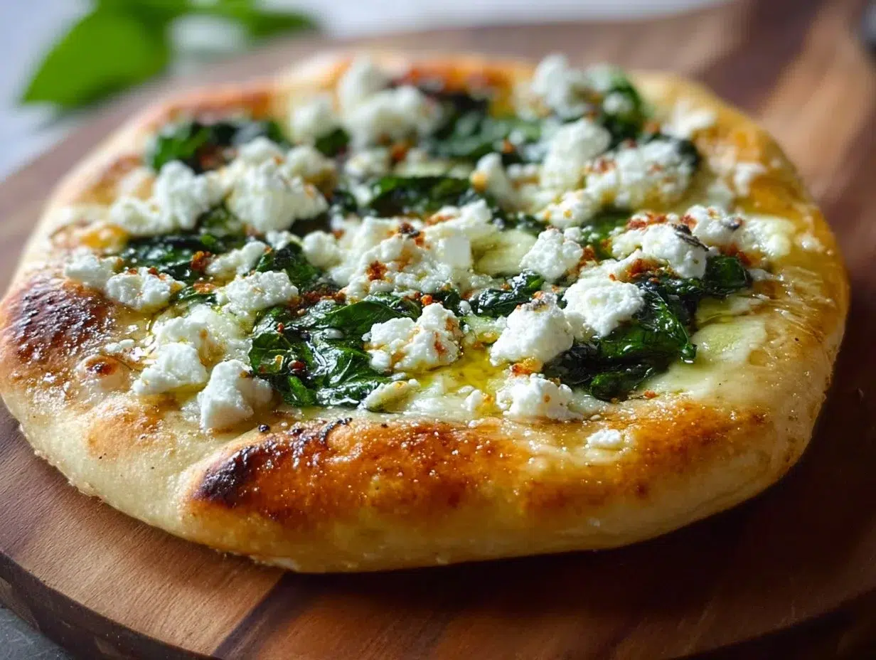 Every Meal, Made Irresistible 7 Greek White Pizza topped with roasted garlic and spinach, no sauce, no meat