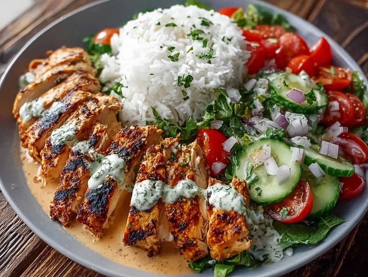Every Meal, Made Irresistible 8 Delicious grilled chicken with rice, salad, and yogurt sauce on a plate.