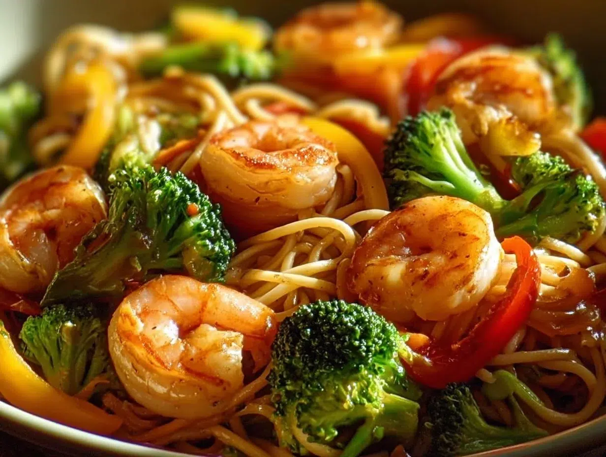 Healthy high-protein shrimp stir fry with noodles garnished with vegetables