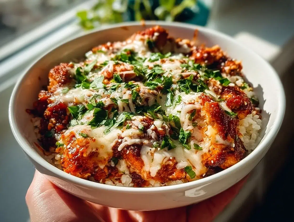 High Protein Chicken Parm Cottage Cheese Bowl garnished with herbs